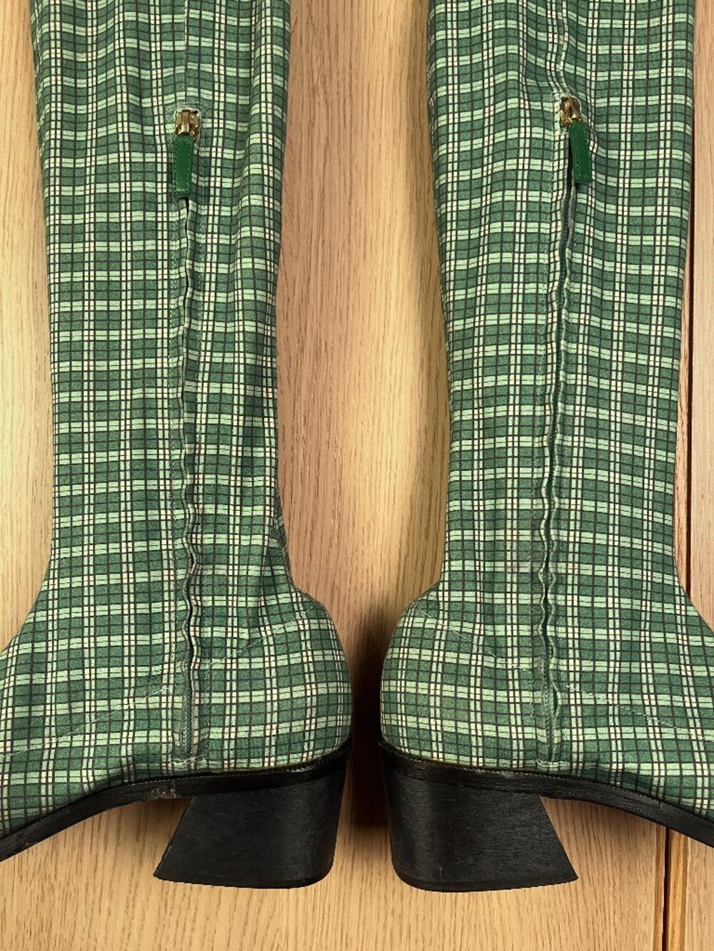 Suzanne Rae Green Plaid Thigh-High Boots, Size 39 - Made in Italy, Side Zip - Picture 4 of 14